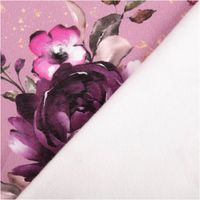 Sweat Stoff Glitzerpüppi Rosen Blumen Digitaldruck altrosa beere 1,45m Breite Sweatstoff mit rosafarbenem und beeretönigem Blumenmotiv, Stoffkante nach oben umgeschlagen, florale Digitaldruckoptik