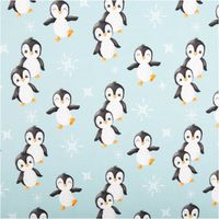 Sweatstoff mit Pinguinmotiven und Schneeflocken auf hellblauem Hintergrund