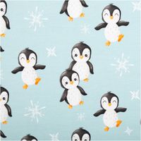 Sweat Stoff angeraut Pinguine Schneeflocken Digitaldruck aqua hellblau 1,50m Breite Sweatstoff in aqua mit fröhlichen Pinguinen und weißen Schneeflocken als Nahaufnahme