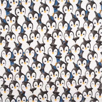 Sweat Stoff angeraut Pinguine Allover Digitaldruck königsblau weiß schwarz 1,50m Breite nahaufnahme von königsblauem sweatstoff mit weiß-schwarzen pinguinmotiven allover