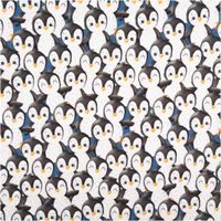 Sweat Stoff angeraut Pinguine Allover Digitaldruck königsblau weiß schwarz 1,50m Breite nahaufnahme von königsblauem sweatstoff mit weiß-schwarzen pinguinmotiven allover