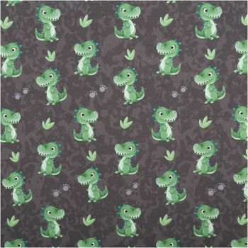 Jersey Stoff Baumwolljersey Dinosaurier T-Rex Digitaldruck grau grün 1,52m Breite Jersey Stoff mit grünem Dino Motiv und Pfotenabdrücken auf grauem Hintergrund, Nahaufnahme