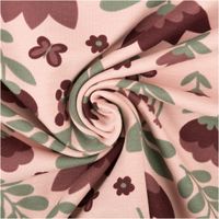 French Terry Stoff Blumen Digitaldruck altrosa beere grün 1,50m Breite French Terry in altrosa mit beerefarbenen Blumen und grünen Blättern zur Spirale gedreht
