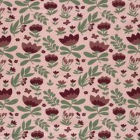 French Terry Stoff mit Blumen in Beere und Oliv flach liegend, Musterrapport auf French Terry Stoff mit Blumen in Beere und Oliv flach liegend, Musterrapport auf altrosa