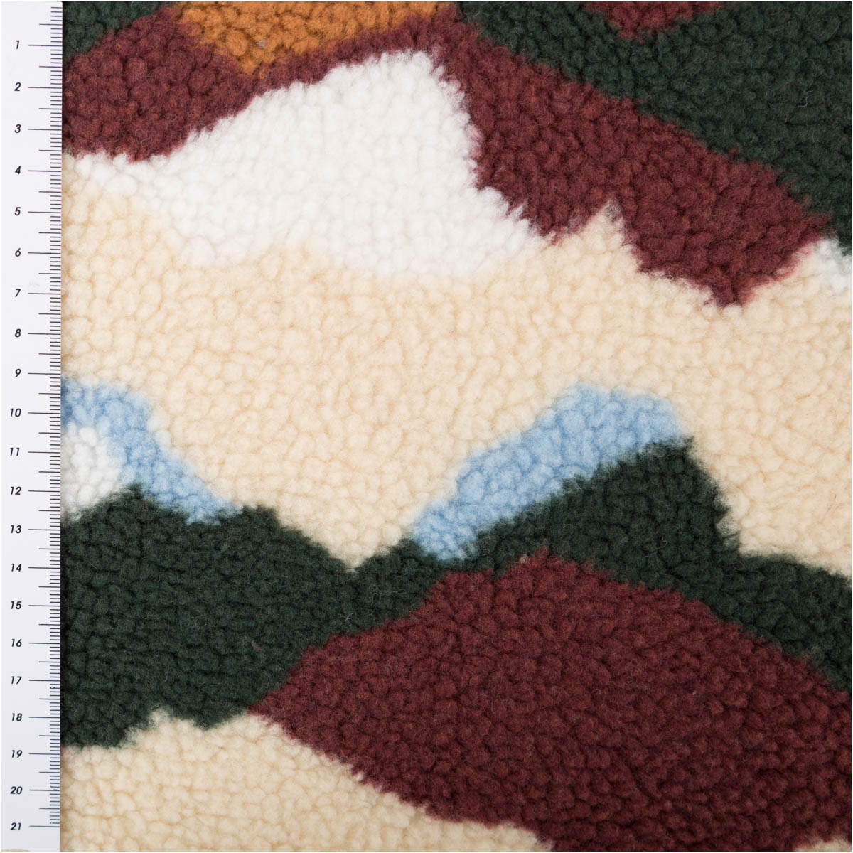 Teddy Stoff Sherpa Fleece abstrakte Wellen bordeauxrot bunt 1,50m Breite Sherpa Fleece Stoff mit Wellenmuster und Maßband, Farbflächen in bordeauxrot, grün, blau, creme und orange
