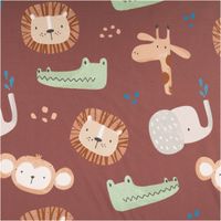 Softshell Stoff Braun mit Safari-Tiermotiven wie Löwe, Giraffe, Elefant und Krokodil in Nahaufnahme