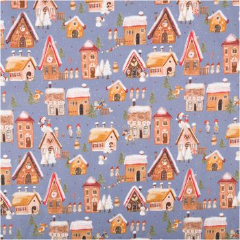 Weihnachtsstoff Baumwollstoff Webware Weihnachtsdorf jeansblau bunt 1,50m Breite Baumwollstoff mit Weihnachtsdorf-Motiv in jeansblau, Häuser, Figuren und Tannen auf Stoff ausgebreitet