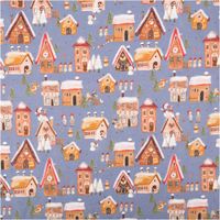 Weihnachtsstoff Baumwollstoff Webware Weihnachtsdorf jeansblau bunt 1,50m Breite Baumwollstoff mit Weihnachtsdorf-Motiv in jeansblau, Häuser, Figuren und Tannen auf Stoff ausgebreitet