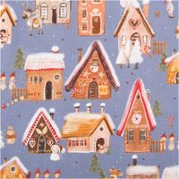 Weihnachtsstoff Baumwollstoff Webware Weihnachtsdorf jeansblau bunt 1,50m Breite jeansblauer Webstoff mit bunten Weihnachtsdorf-Häusern, Figuren und Bäumen als Nahaufnahme