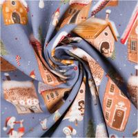 Weihnachtsstoff Baumwollstoff Webware Weihnachtsdorf jeansblau bunt 1,50m Breite Weihnachtsstoff aus Baumwolle, jeansblau mit bunten Häusern und Schnee, dekorativ zur Spirale gedreht