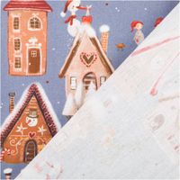 Weihnachtsstoff Baumwollstoff Webware Weihnachtsdorf jeansblau bunt 1,50m Breite Baumwollstoff mit Motiv Häuser und Schneemänner auf jeansblau, Vorder- und Rückseite des Stoffs sichtbar