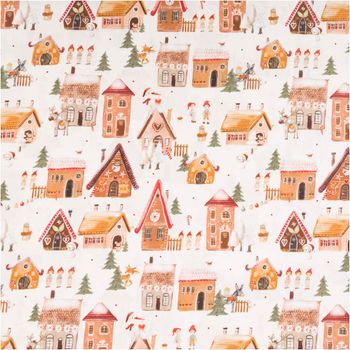 Weihnachtsstoff Baumwollstoff Webware Weihnachtsdorf naturweiß bunt 1,50m Breite Nahaufnahme von Baumwollstoff mit Weihnachtsdorf-Motiv in naturweiß und bunten Farben