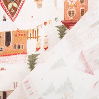Weihnachtsstoff Baumwollstoff Webware Weihnachtsdorf naturweiß bunt 1,50m Breite Baumwollstoff mit Weihnachtsdorf-Print, naturweißer Grund, Ecke zeigt Vorder- und Rückseite des Stoffes