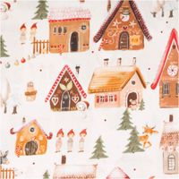 Weihnachtsstoff Baumwollstoff Webware Weihnachtsdorf naturweiß bunt 1,50m Breite Baumwollstoff mit bunten Weihnachtsdorf-Häusern und naturweißen Hintergrund, Figuren und Winterbäumen