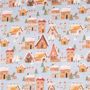 Weihnachtsstoff Baumwollstoff Webware Weihnachtsdorf hellblau bunt 1,50m Breite Weihnachtsstoff aus Baumwolle mit buntem Weihnachtsdorf-Motiv auf hellblauem Hintergrund, flach ausgebreitet