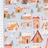 Weihnachtsstoff Baumwollstoff Webware Weihnachtsdorf hellblau bunt 1,50m Breite Baumwollstoff in Hellblau mit winterlichem Dorfmotiv, Häuser, Elfen und Tiere, Messskala am linken Rand
