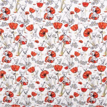 Jersey Stoff Baumwolljersey Disney Bambi Mohnblumen weiß rot von Swafing 1,50m Breite weißer Baumwolljersey mit Disney Bambi und roten Mohnblumen als Nahaufnahme