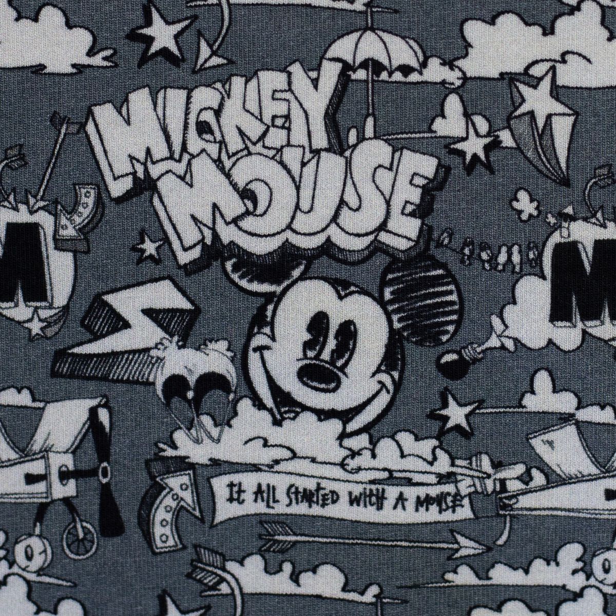 Jersey Stoff Baumwolljersey Disney Mickey Mouse Comic grau meliert schwarz weiß Nahaufnahme Mickey Mouse Kopf mit Schriftzug Mickey Mouse auf graumeliertem Jersey, Comic-Zeichnung