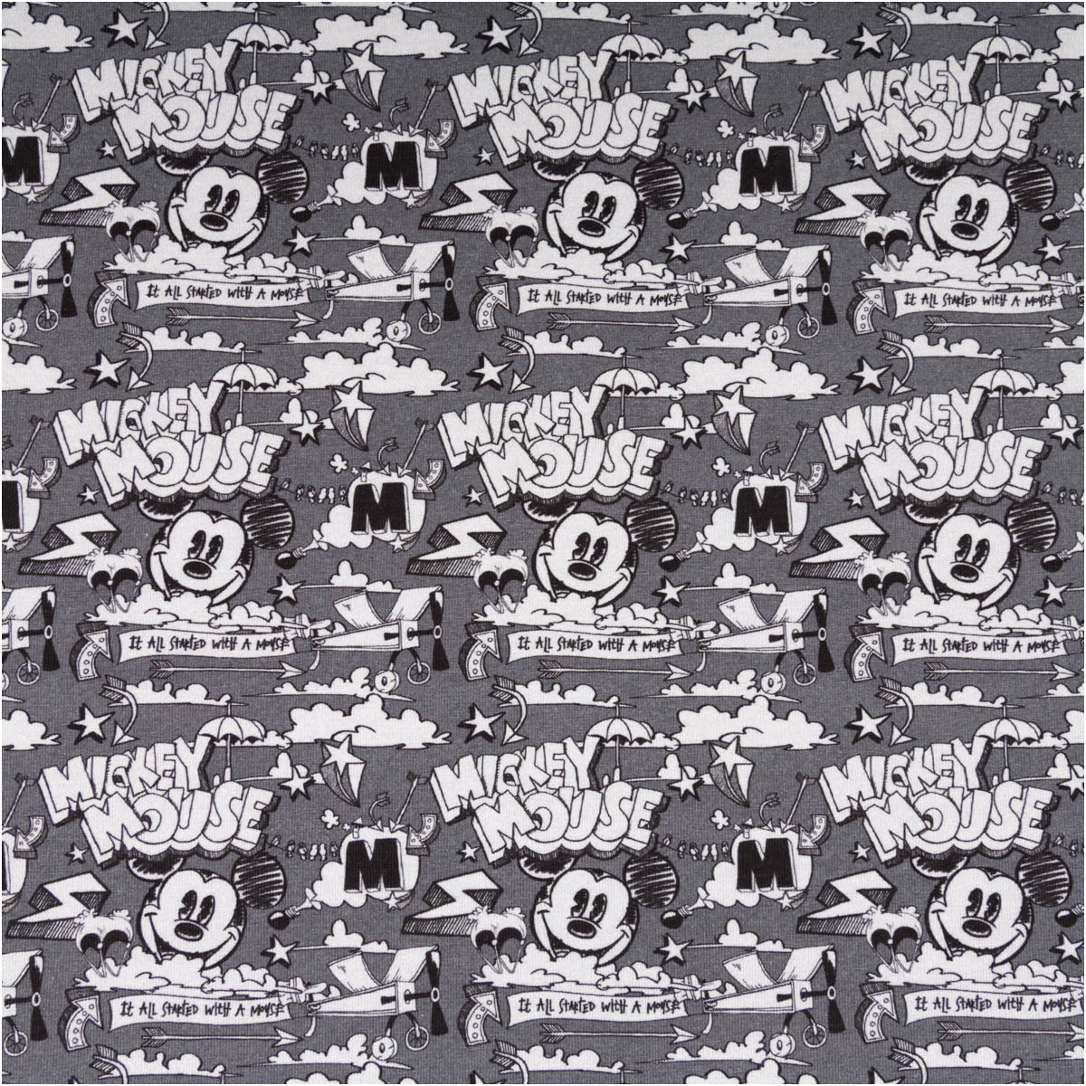 Jersey Stoff Baumwolljersey Disney Mickey Mouse Comic grau meliert schwarz weiß von Swafing 1,50m Breite Jersey Stoff mit Mickey Mouse Comic Motiv in grau und weiß, Muster ausgebreitet zu sehen