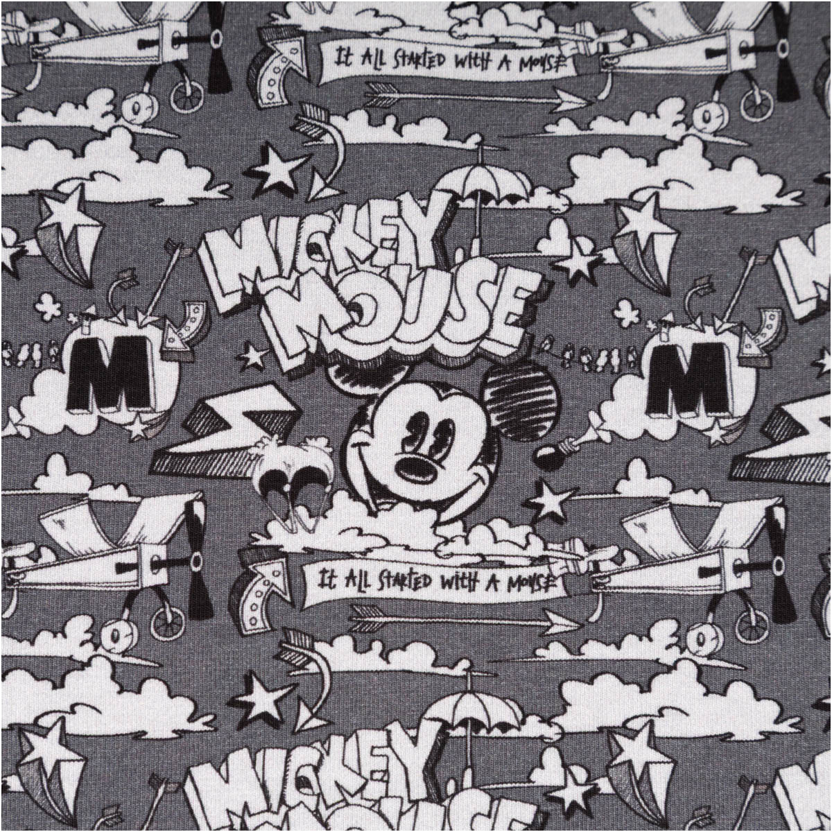 Jersey Stoff Baumwolljersey Disney Mickey Mouse Comic grau meliert schwarz weiß von Swafing 1,50m Breite Nahaufnahme eines Baumwolljerseys mit Mickey Mouse Motiv in schwarz-weiß auf grau, Comic-Design mit Flugzeugen und Sternen