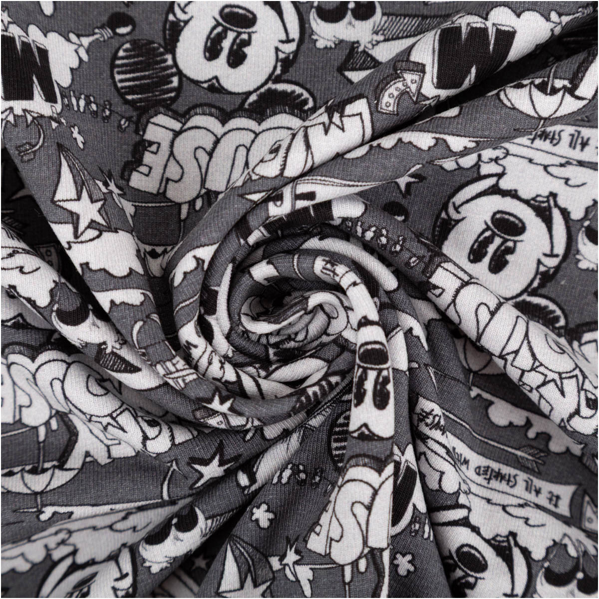 Jersey Stoff Baumwolljersey Disney Mickey Mouse Comic grau meliert schwarz weiß von Swafing 1,50m Breite Jersey mit Mickey Mouse Comic-Muster in Grautönen, spiralförmig zur Ansicht gedreht