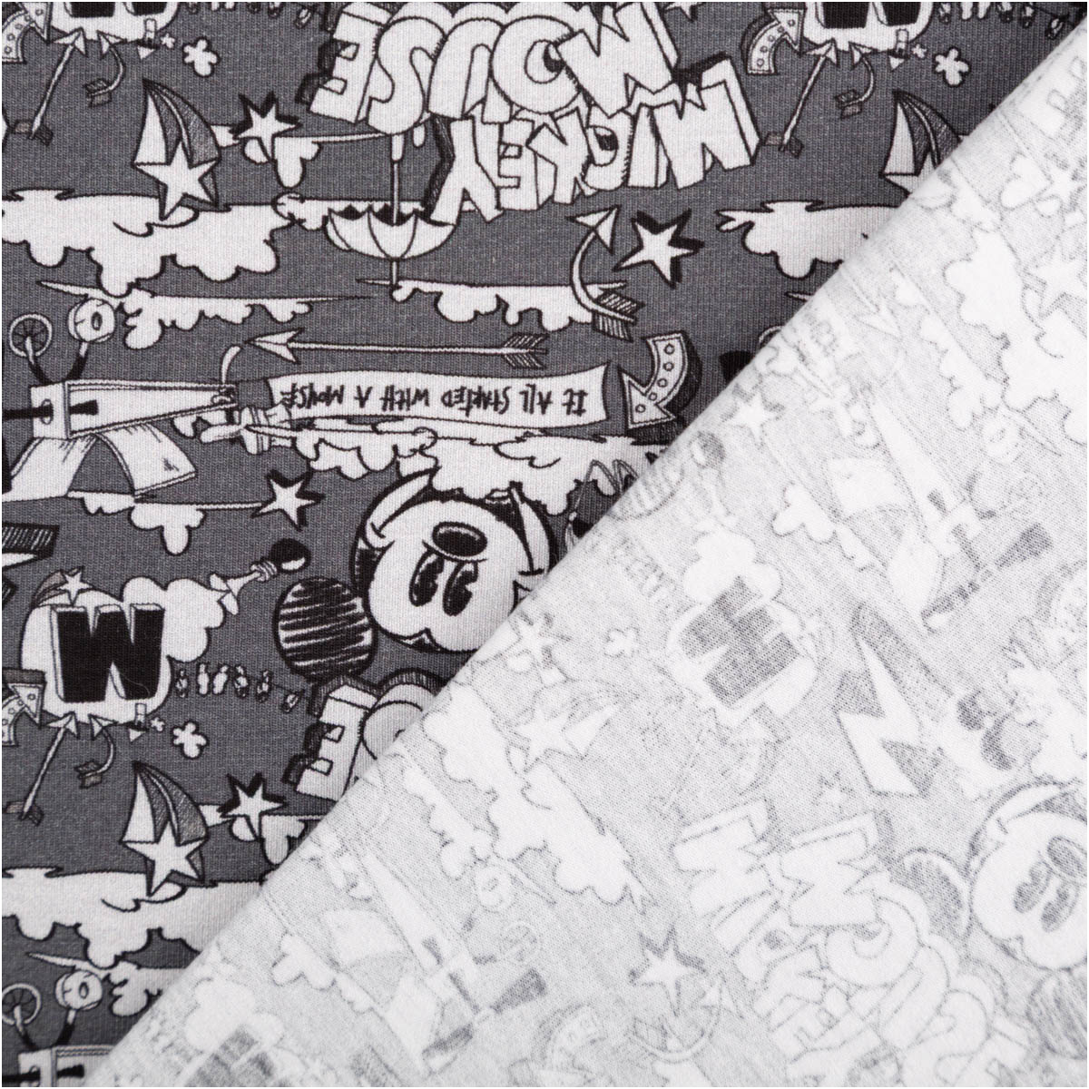 Jersey Stoff Baumwolljersey Disney Mickey Mouse Comic grau meliert schwarz weiß von Swafing 1,50m Breite Mickey Mouse Baumwolljersey in grau schwarz-weiß, Vorder- und Rückseite des Stoffes sichtbar