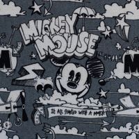 Jersey Stoff Baumwolljersey Disney Mickey Mouse Comic grau meliert schwarz weiß Nahaufnahme Mickey Mouse Kopf mit Schriftzug Mickey Mouse auf graumeliertem Jersey, Comic-Zeichnung