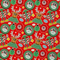 Roter Sweatstoff mit Weihnachtsmann-Emblemen, Rentieren, Geschenken und Sternen im Retro-Comic-Stil, Musterausschnitt 40 cm
