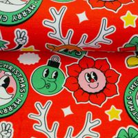 Sweat Stoff angeraut Holly Weihnachten Retro Comic Figuren rot grün Angerauter Sweat mit weihnachtlichen Retro-Comic-Motiven auf rotem Grund, aufgerollt als Stoffballen