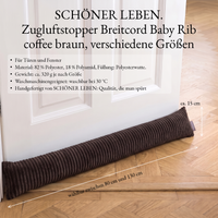 Zugluftstopper aus Breitcord in Coffee Braun an der Tür auf Parkett, Maßangaben: 80 bis 130 cm lang, ca. 15 cm hoch