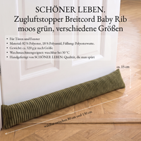 Zugluftstopper aus Breitcord in Moosgrün an der Tür auf Parkett, Maßangaben: 80 bis 130 cm lang, ca. 15 cm hoch