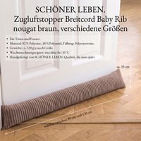 Zugluftstopper aus Breitcord in Nougat Braun an der Tür auf Parkett, Maßangaben: 80 bis 130 cm lang, ca. 15 cm hoch
