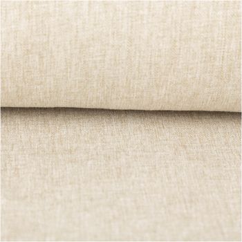Gardinenstoff Vorhangstoff Leinenlook Meterware blickdicht Easy Care uni natur 295cm Breite mit Bleiband Rolle aus beigefarbenem Stoff mit Leinenstruktur, Nahaufnahme der Materialoberfläche