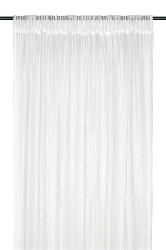 Vorhang Schal mit Stangendurchzug transparent feine Streifen weiß 140x240cm Transparenter Vorhang in Weiß mit Stangendurchzug an einer Gardinenstange, Gesamtansicht vor hellem Hintergrund