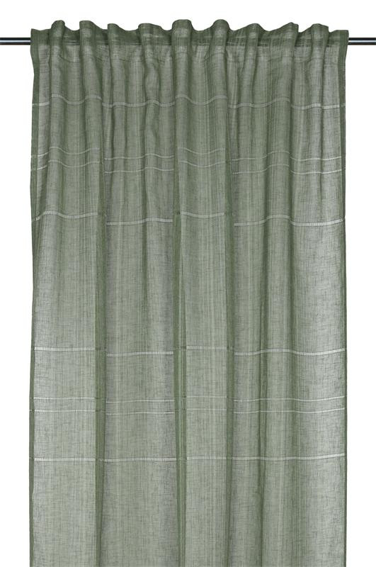Vorhang Schal mit Multifunktionsband Leinenoptik Querstreifen khaki 140x240cm Halbtransparenter Vorhang in Khaki mit Querstreifen an einer Gardinenstange, Gesamtansicht vor hellem Hintergrund
