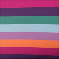 French Terry Stoff mit breiten Blockstreifen in Orange, Pink, Flieder und weiteren Farben, flach ausgebreitet