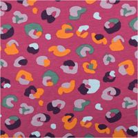 French Terry mit Leomuster in Pink, Orange und Flieder, Stoff mit buntem Print