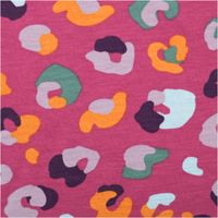 French Terry Stoff mit buntem Leomuster in Pink, Orange, Grün und Flieder, Nahaufnahme vom Motiv