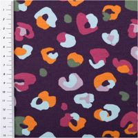 French Terry Stoff Leomuster Digitaldruck aubergine pink orange 1,50m Breite French Terry Stoff mit farbigem Leomuster in Aubergine, Pink, Orange und pastell, neben Maßband ausgebreitet