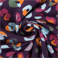 French Terry Stoff Leomuster Digitaldruck aubergine pink orange 1,50m Breite French Terry Stoff mit Leo-Muster in Lila, Pink, Orange und Türkis zur Spirale gedreht