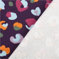 French Terry Stoff Leomuster Digitaldruck aubergine pink orange 1,50m Breite French Terry mit Leomuster in Aubergine und Orange, Vorder- und Rückseite diagonal gezeigt