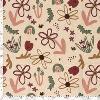 Sweat Stoff angeraut Blumen Raupen beige bordeaux grün Sweat angeraut mit Blumen, Raupen und Bienen auf Beige flach mit Maßband zur Größe des Musters