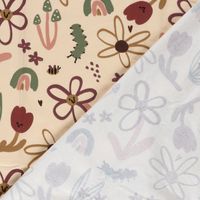Sweat Stoff angeraut Blumen Raupen beige bordeaux grün Umgeschlagene Ecke zeigt die kuschelweich angeraute Innenseite des Sweatstoffs