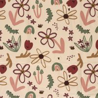 Sweat Stoff angeraut Blumen Raupen beige bordeaux grün Sweat angeraut mit Blumen, Raupen und Bienen auf Beige flach liegend im Rapport