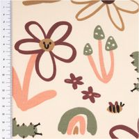 Sweat Stoff angeraut Blumen Raupen beige bordeaux grün 1,50m Breite Sweatstoff mit Blumen, Raupen und Pilzen in beige, bordeaux und grün, Nahaufnahme mit Lineal am Rand