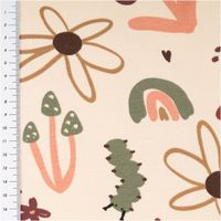Sweat Stoff angeraut Blumen Raupen beige bordeaux grün 1,50m Breite Beiger Sweatstoff mit grün-bordeaux Blumen, Pilzen und Raupe, links Maßband, florales Motiv als Detail