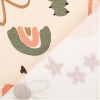 Sweat Stoff angeraut Blumen Raupen beige bordeaux grün 1,50m Breite Zwei Stoffseiten eines angerauten Sweatstoffs mit Blumen und Raupen in beige, Detailaufnahme Vorder- und Rückseite