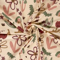 Sweat Stoff angeraut Blumen Raupen beige bordeaux grün Geraffter Sweat angeraut mit Blumen, Raupen und Bienen auf Beige zeigt den weichen Fall