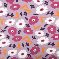Sweatstoff mit Blumenmuster in flieder, pink und weiß, Motiv klar erkennbar, flächige Draufsicht