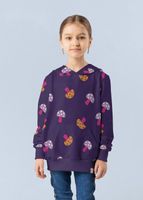 Sweat Stoff angeraut Pilze aubergine flieder orange Kind trägt Hoodie aus Sweat angeraut mit Pilzen in Flieder und Orange auf Aubergine